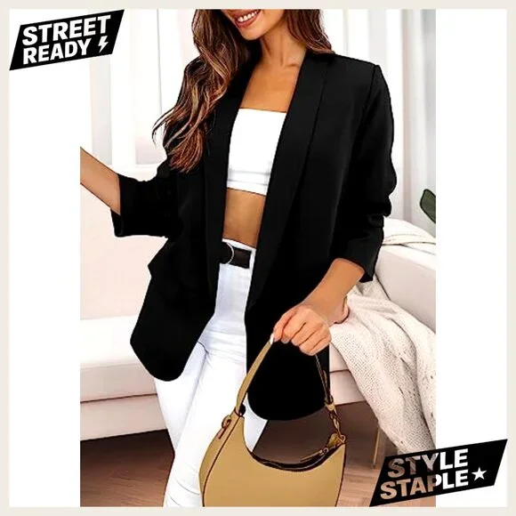 Oversized Blazer Open Front Shawl Collar Business Casual Polyester Jacket - Picture 3 of 7